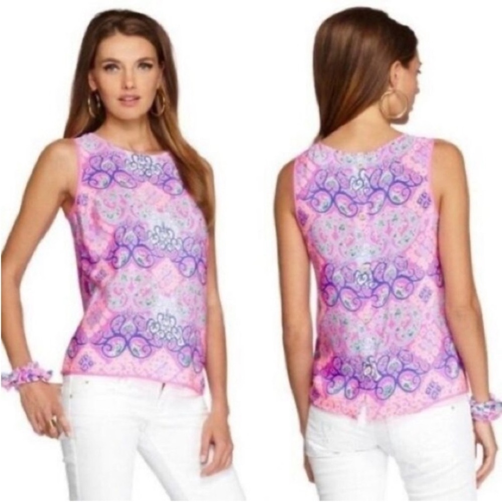 Lilly Pulitzer Silk Iona Behind The Gate Sleeveless Top Vibrant Pink Blue Size M